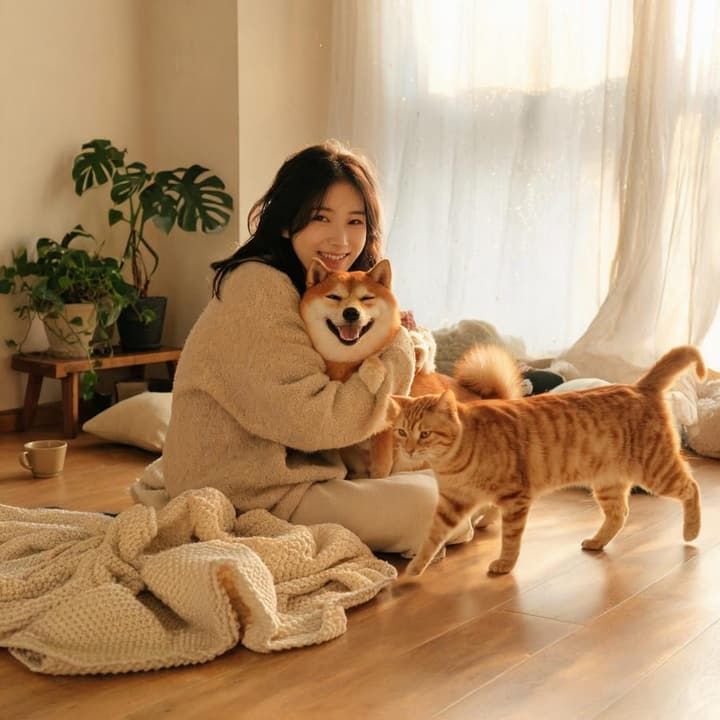 主理人與柴犬在溫暖客廳的合照