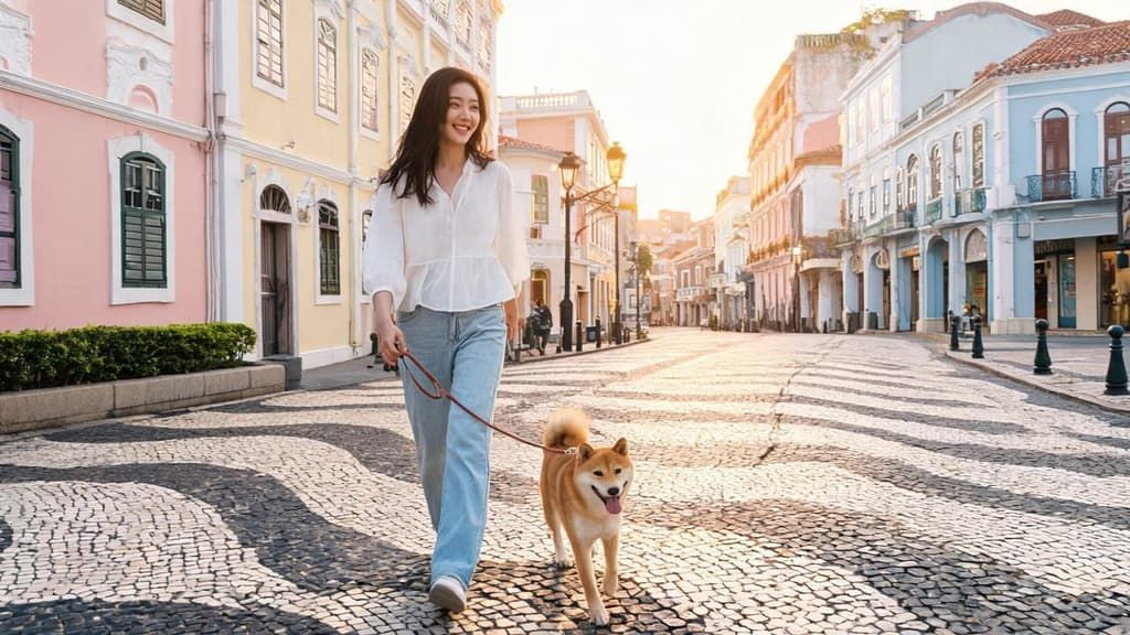 主理人在澳門街頭遛柴犬